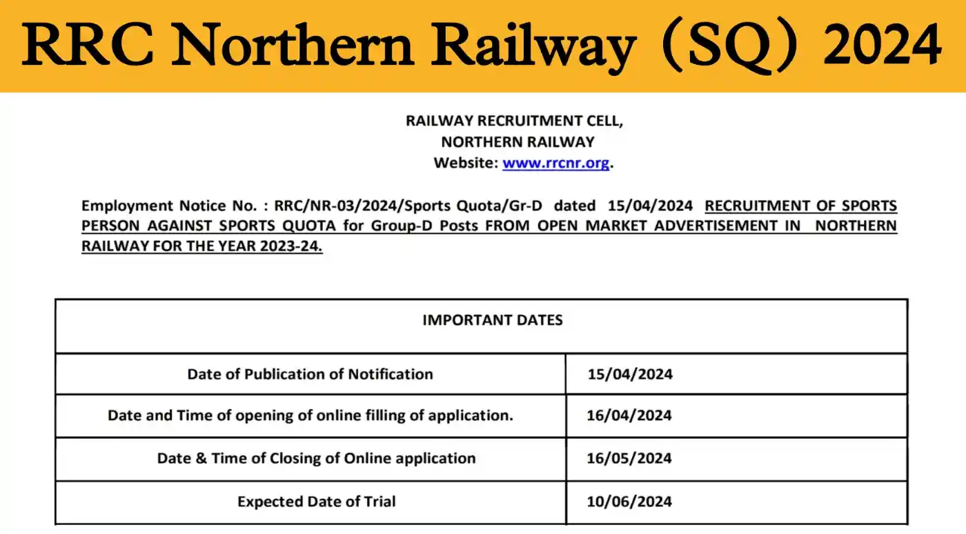 RRC Northern Railway Sports Quota Recruitment 2024 नॉर्दर्न रेलवे ...