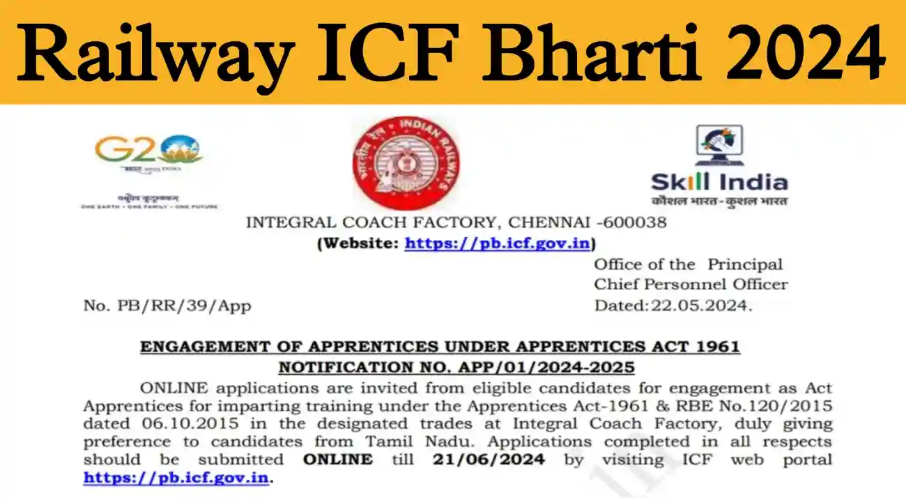 Railway ICF Bharti 2024 रेलवे में 10वीं पास के लिए 1010 पदों पर निकली भर्ती, आवेदन शुरू