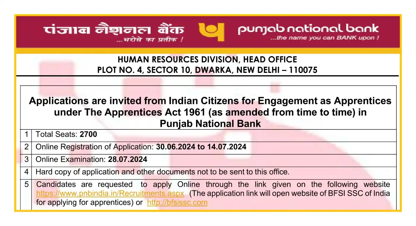 PNB Bank Apprentice Bharti 2024 पंजाब नेशनल बैंक अप्रेंटिस के 2700 पदों पर विज्ञापन जारी