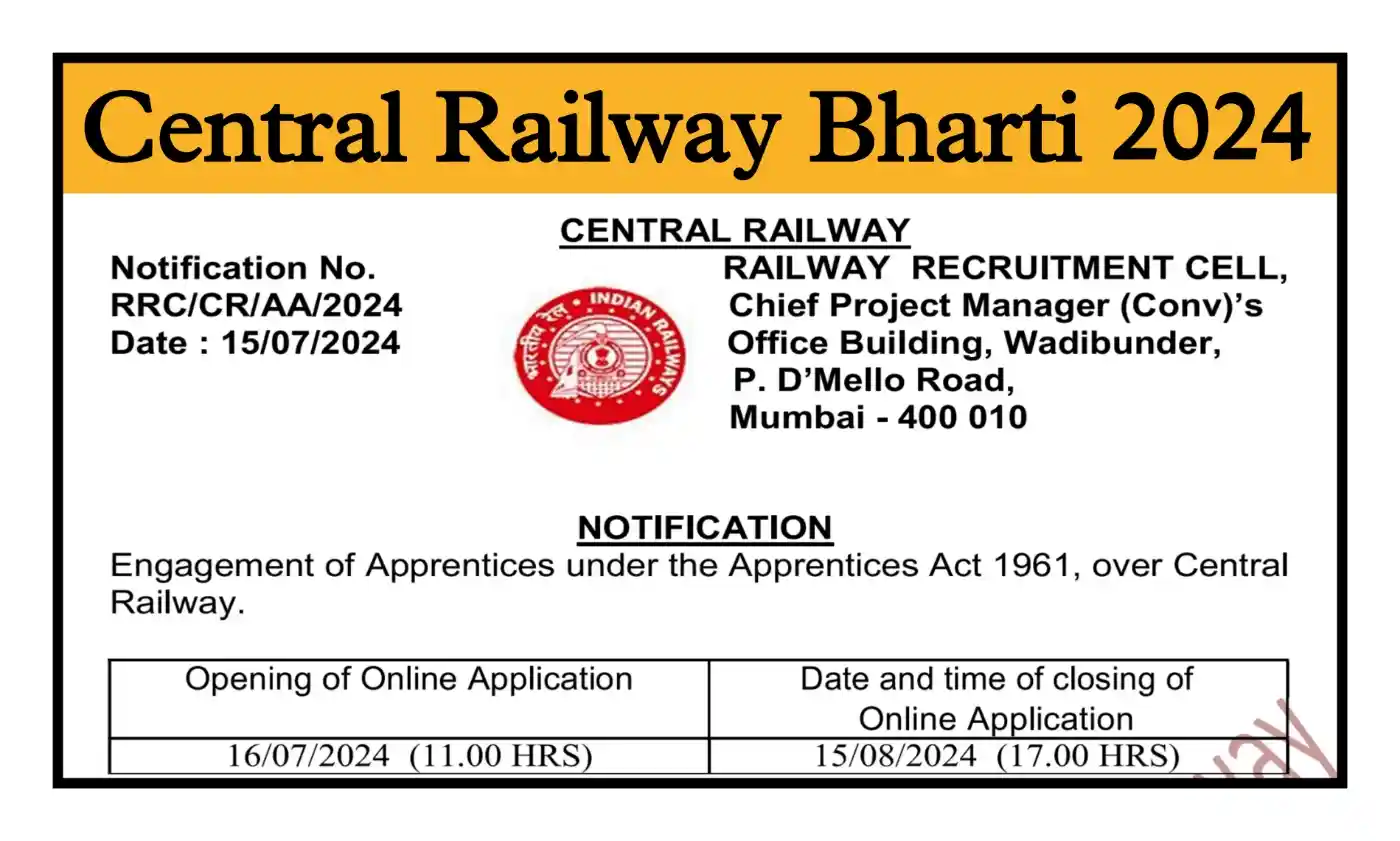 Central Railway Bharti 2024 सेंट्रल रेलवे अप्रेंटिस के 2424 पदों पर भर्ती, योग्यता 10वीं पास