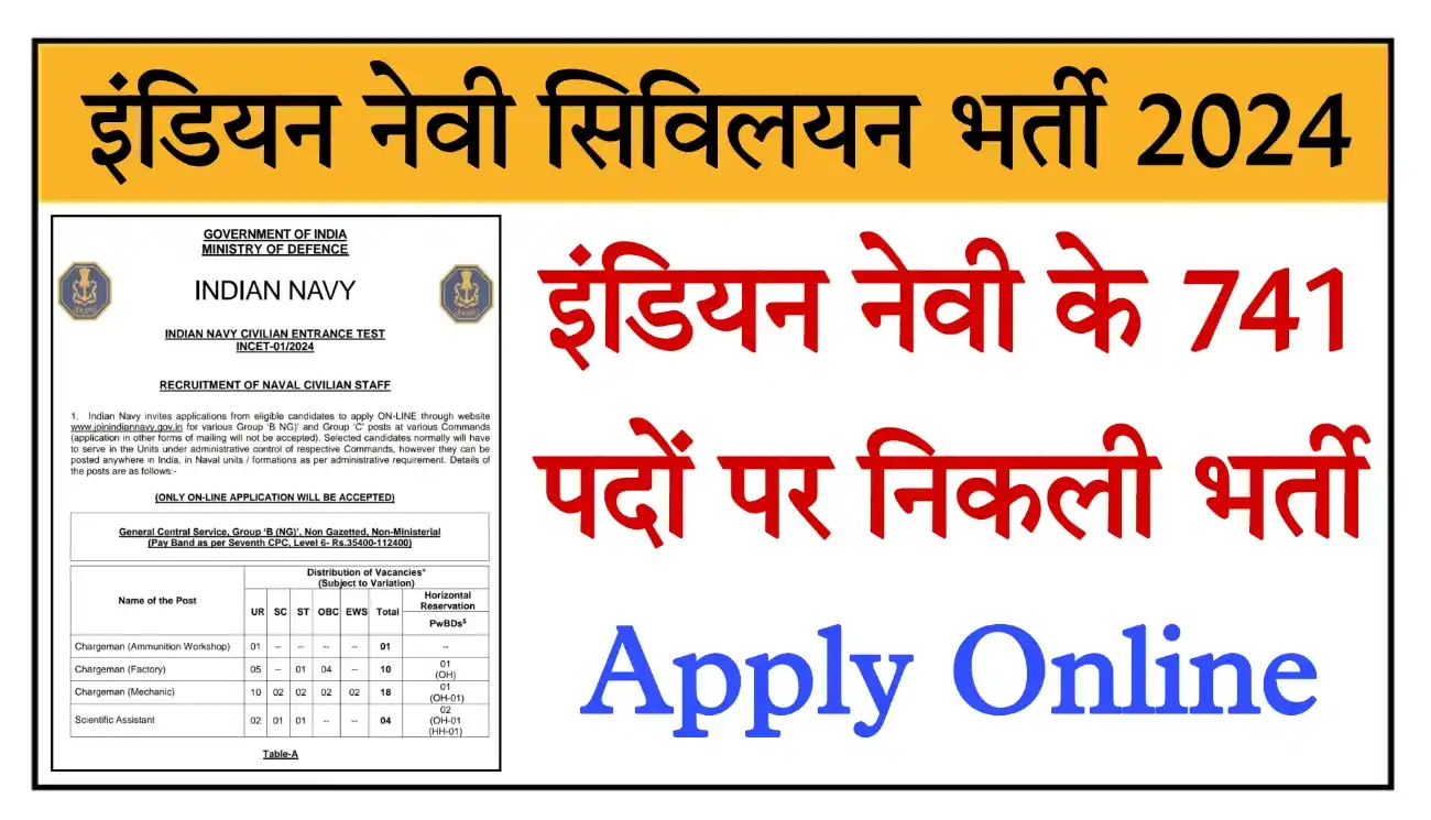 Indian Navy Civilian Bharti 2024 इंडियन नेवी सिविलियन भर्ती का विज्ञापन जारी, आवेदन शुरू