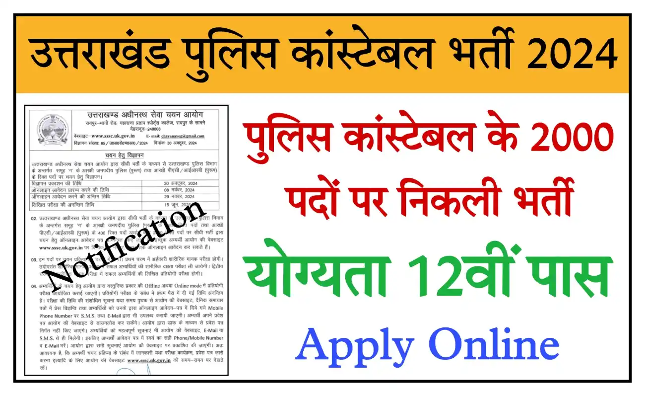Uttarakhand Police Constable Recruitment 2024 पुलिस कांस्टेबल के 2000 पदों पर भर्ती, योग्यता 12वीं पास