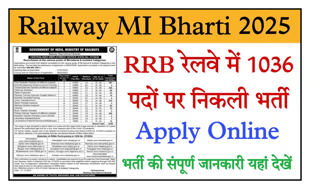 Railway MI Recruitment 2025 आरआरबी रेलवे में मंत्रिस्तरीय और पृथक के 1036 पदों पर भर्ती, संपूर्ण जानकारी देखें