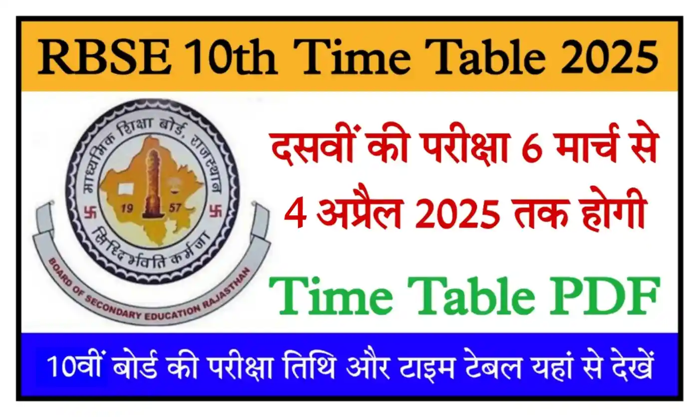 Rajasthan Board 10th Time Table 2025 राजस्थान दसवीं बोर्ड परीक्षा का नया टाइम टेबल जारी, PDF डाउनलोड करें