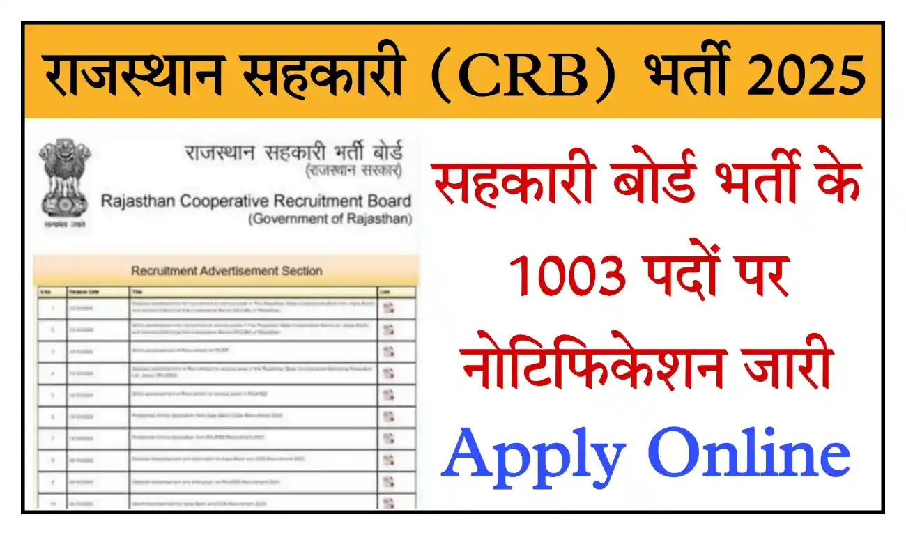 Rajasthan CRB Recruitment 2025 राजस्थान सहकारी भर्ती का 1003 पदों पर नोटिफिकेशन जारी, संपूर्ण जानकारी देखें
