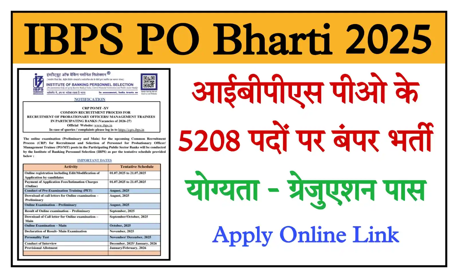 IBPS PO Recruitment 2025 आईबीपीएस पीओ के 5208 पदों पर भर्ती, योग्यता ग्रेजुएशन पास, आवेदन शुरू @ibps.in