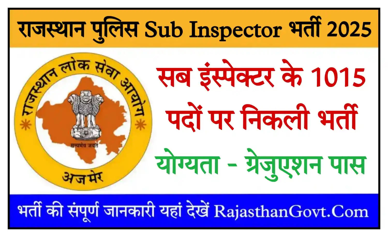Rajasthan Police SI Recruitment 2025 राजस्थान पुलिस सब इंस्पेक्टर के 1015 पदों पर बंपर भर्ती, आवेदन शुरू