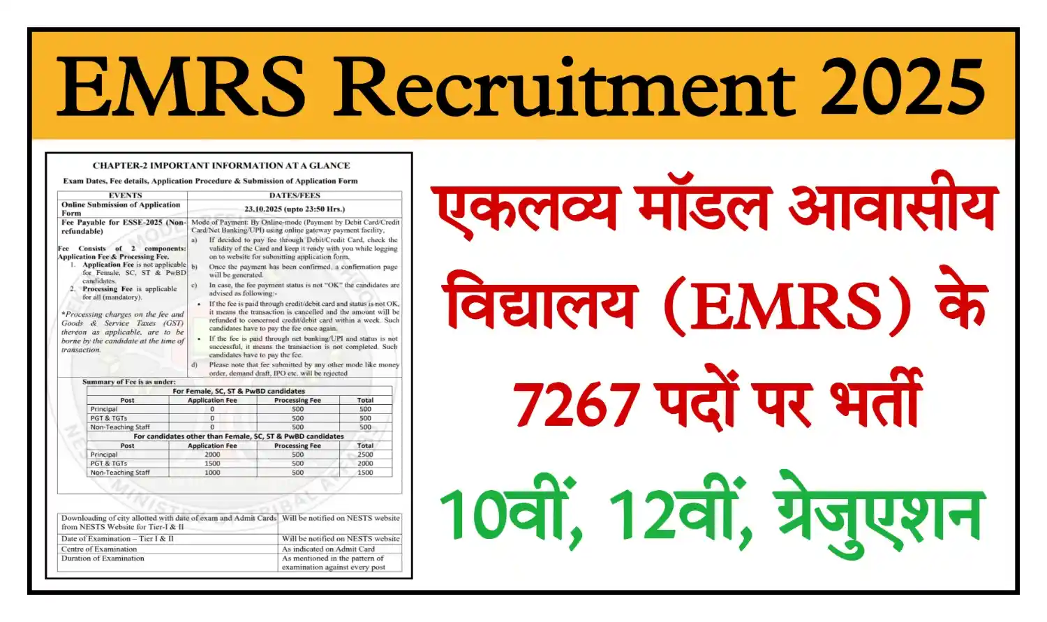 EMRS Recruitment 2025 एकलव्य मॉडल आवासीय विद्यालय में 7267 पदों पर निकली भर्ती, योग्यता 10वीं, 12वीं, ग्रेजुएशन पास