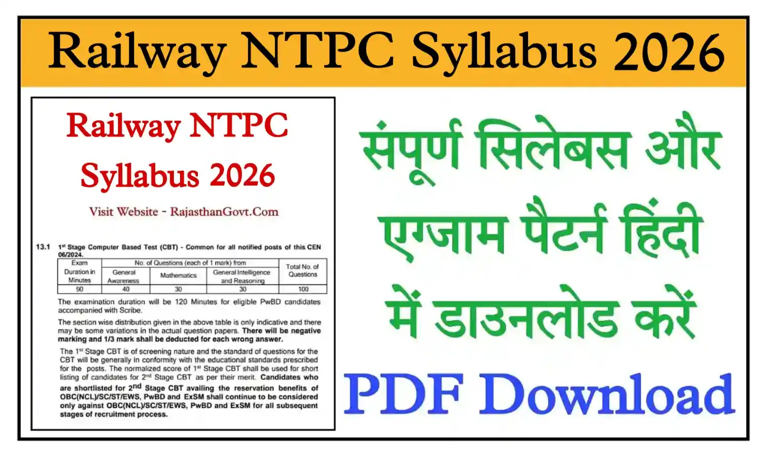 Railway NTPC Syllabus 2025 रेलवे एनटीपीसी भर्ती का नया सिलेबस और एग्जाम पैटर्न जारी @rajasthangovt.com