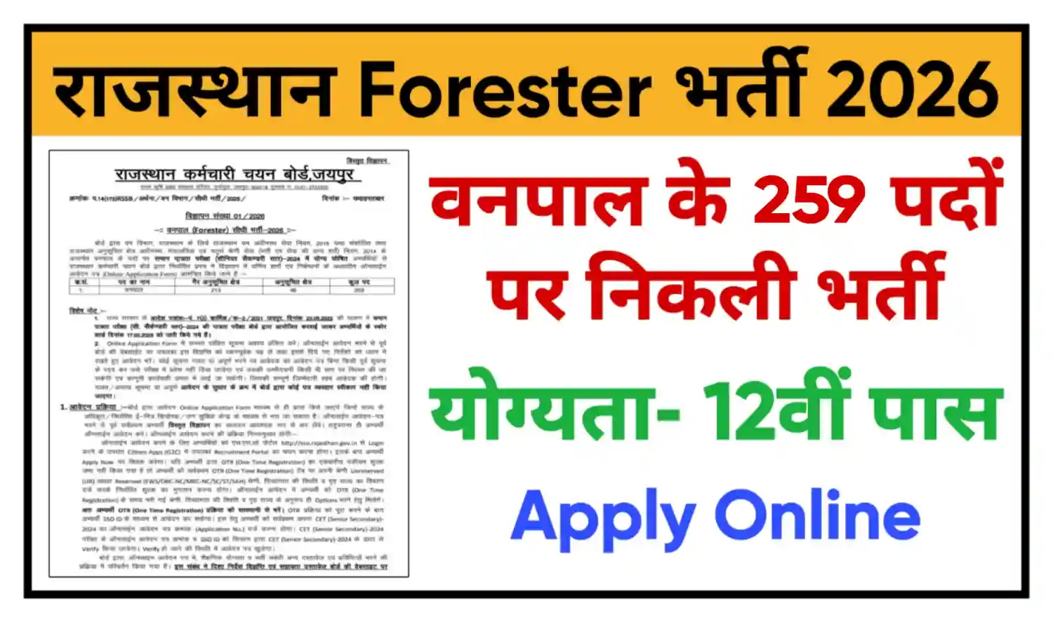 Rajasthan Forester Recruitment 2026 राजस्थान वनपाल के 259 पदों पर भर्ती, योग्यता 12वीं पास, आवेदन शुरू
